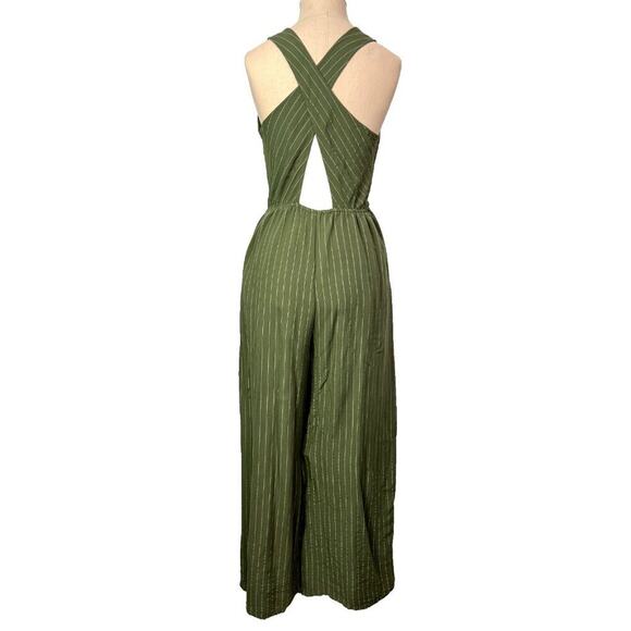 Flying Tomato Jumpsuit Women's M Green Striped Belted Cross Cutout Back V-Neck - Picture 5 of 12